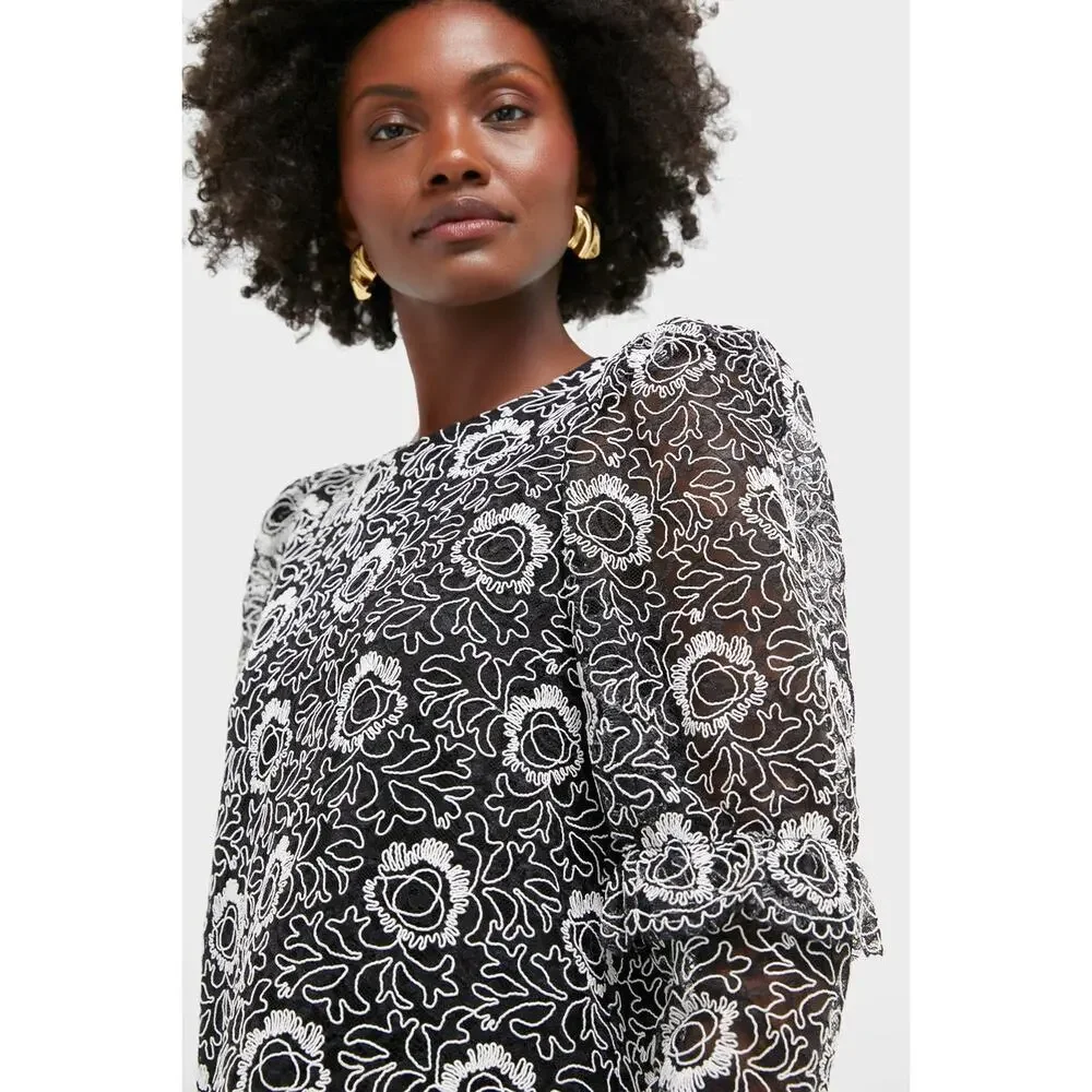 Tuckernuck Black Lace Floral Long-Sleeve Blouse with White Embroidery